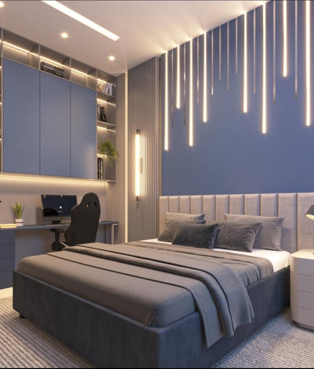 Quarto planejado com painel de acabamento escuro e iluminação decorativa